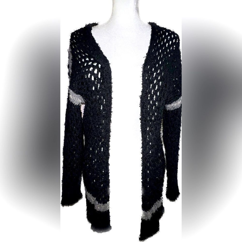 AMUSE SOCIETY long black sweater/coat, knee length, black and silver, elegant!